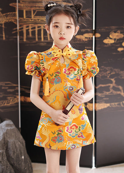 Mid Dresses Unique Yellow Stand Print Summer Girls Baby Collar
