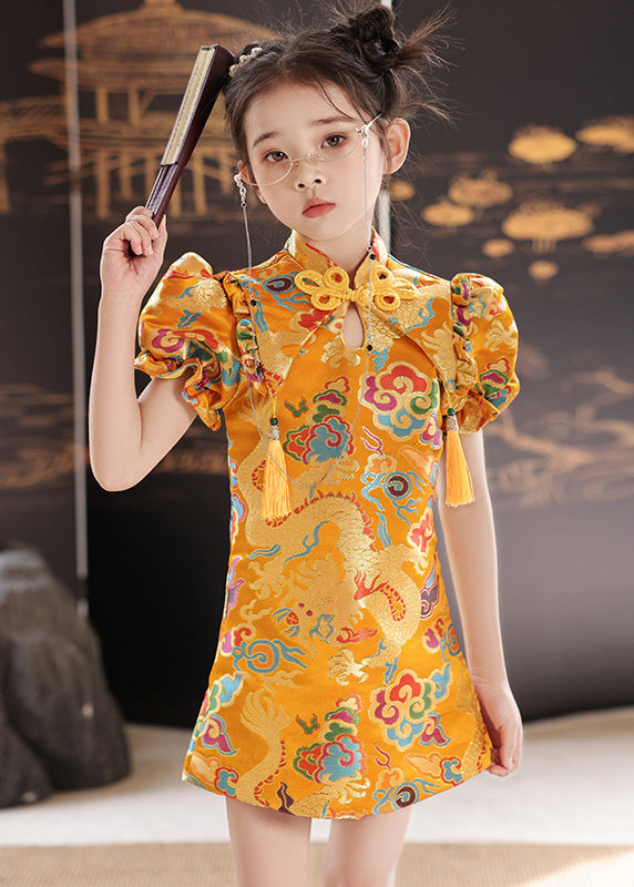 Mid Dresses Unique Yellow Stand Print Summer Girls Baby Collar