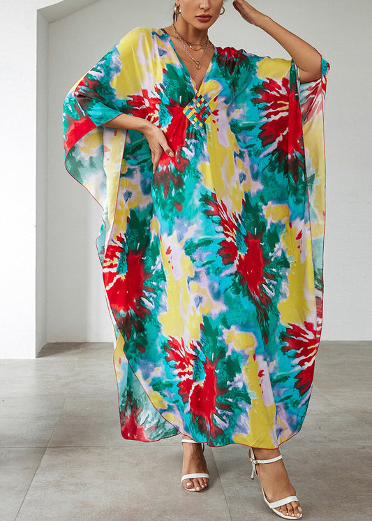 Vacation Style Blue Cotton Printed Beach Robe Dress Summer VC071