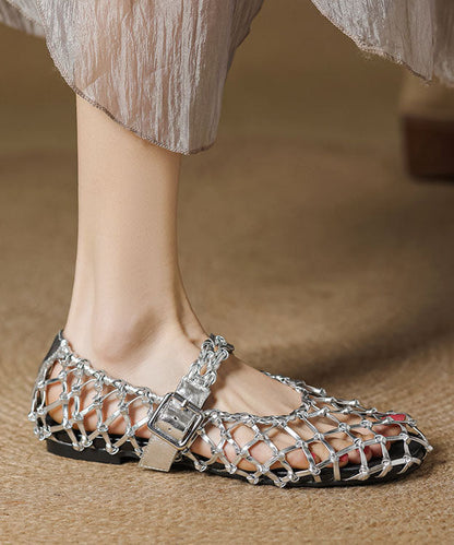 Out Woven Hollow Flat Silver Sandals Vacation Breathable Style