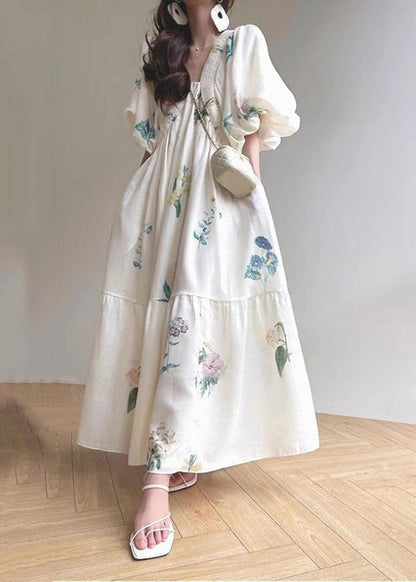 Vacation Style White Print Bubble Sleeved Cotton Dress GEM040