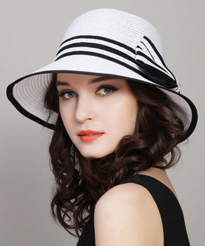 Chapeau de soleil polyvalent en paille tissée avec nœud blanc et pliable II049