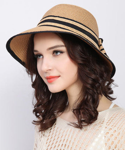 Chapeau de soleil polyvalent en paille tissée avec nœud blanc et pliable II049