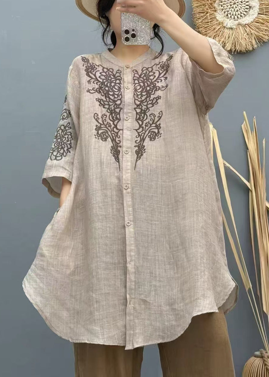 Summer Shirt Linen Apricot Embroidered Vintage Long