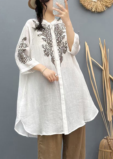 Summer Shirt Linen Apricot Embroidered Vintage Long