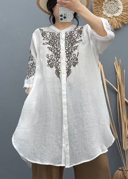 Summer Shirt Linen Apricot Embroidered Vintage Long