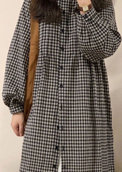 Vintage Apricot Plaid O-Neck Button Long Shirts Dresses Spring VB1058