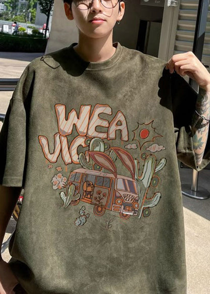 Green Vintage Shirt Faux Half Neck O Men T Army Suede Print