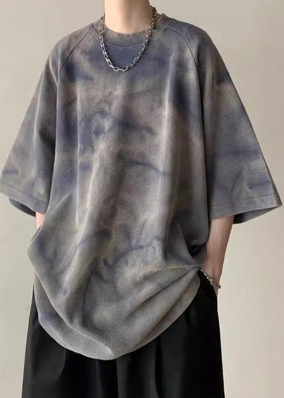 Half Dye Mens Tie O-Neck Army Green Vintage Shirt Cotton Sleeve T