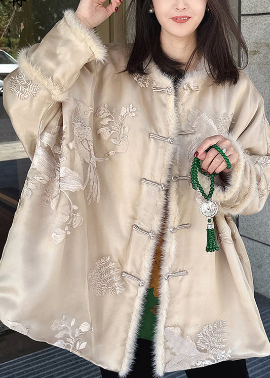 Vintage Beige Embroidered Mink Hair Patchwork Fine Cotton Filled Coat Winter RF002