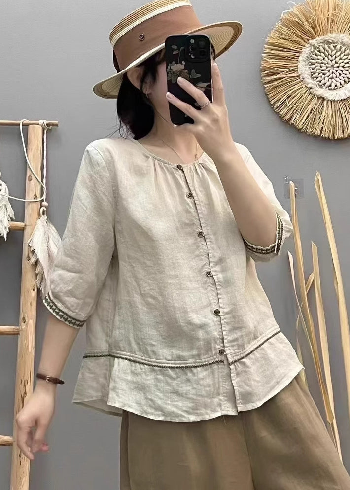 Cotton Shirt Patchwork Top Summer Beige O-Neck Vintage