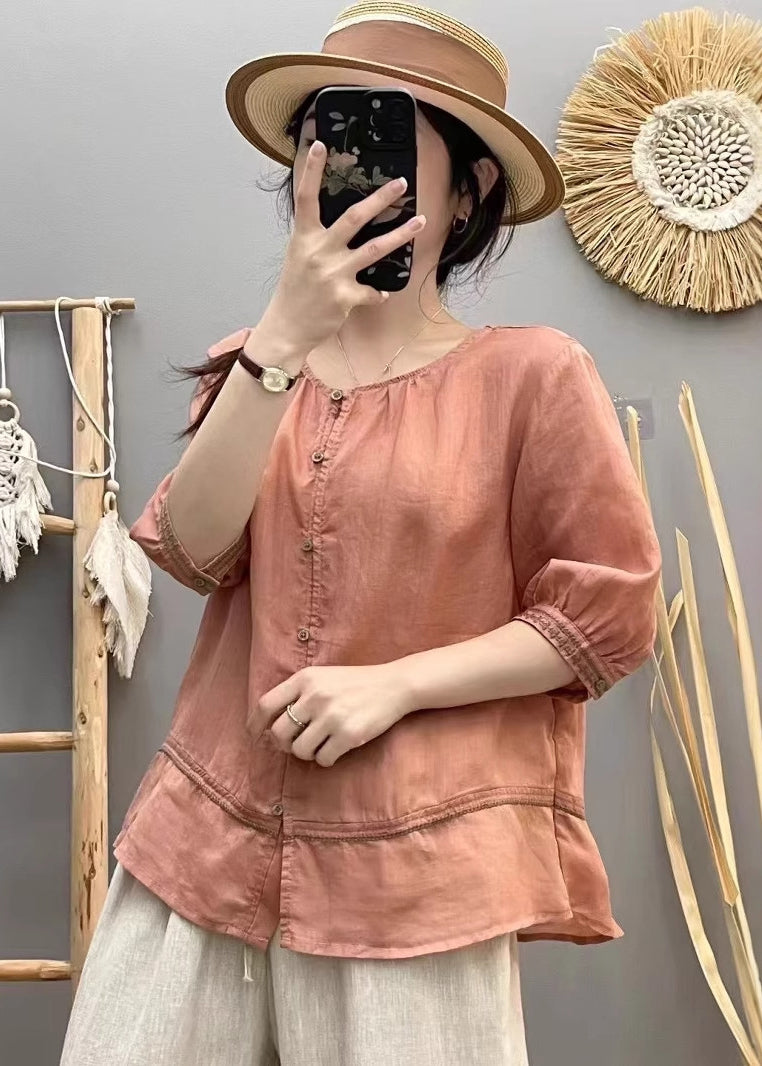 Cotton Shirt Patchwork Top Summer Beige O-Neck Vintage