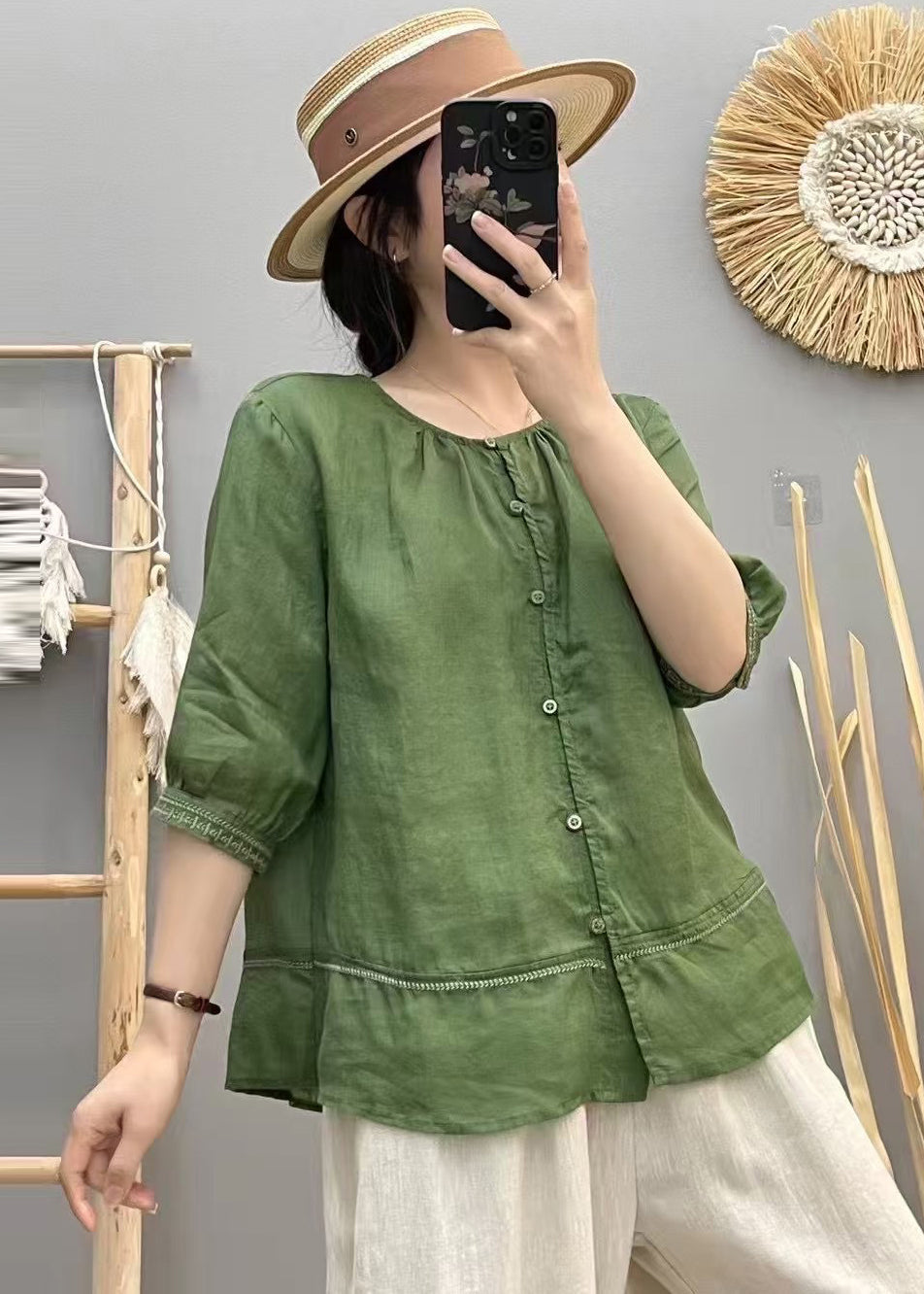 Cotton Shirt Patchwork Top Summer Beige O-Neck Vintage