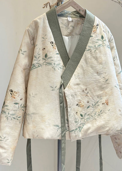 Vintage Beige V Neck Lace Up Fine Cotton Filled Coats Spring TJ030