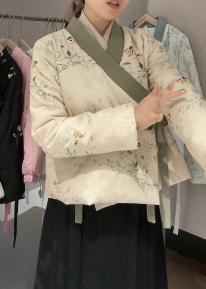 Vintage Beige V Neck Lace Up Fine Cotton Filled Coats Spring TJ030