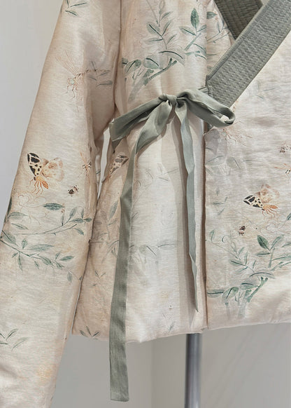 Vintage Beige V Neck Lace Up Fine Cotton Filled Coats Spring TJ030