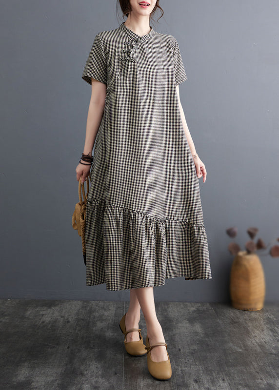 Vintage Big Plaid Stehkragen Patchwork Baumwolle Kleid Sommer AP071