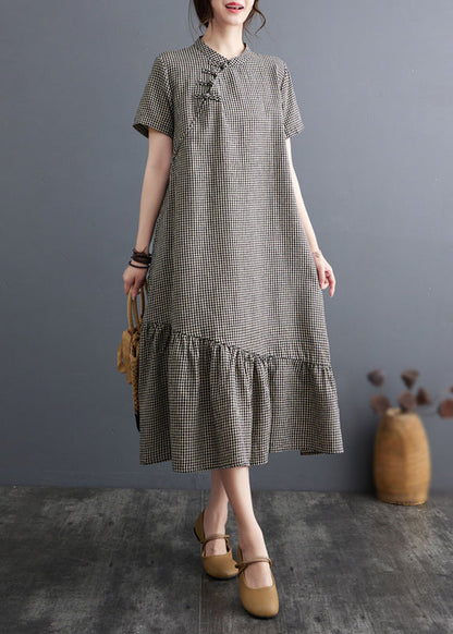 Vintage Big Plaid Stehkragen Patchwork Baumwolle Kleid Sommer AP071