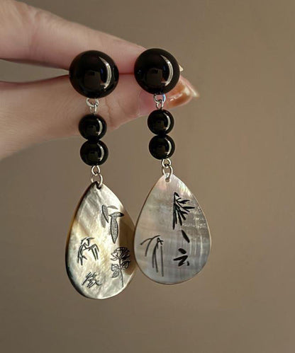 Vintage Black Acrylic Alloy Print Shell Water Drop Drop Earrings ZZ040