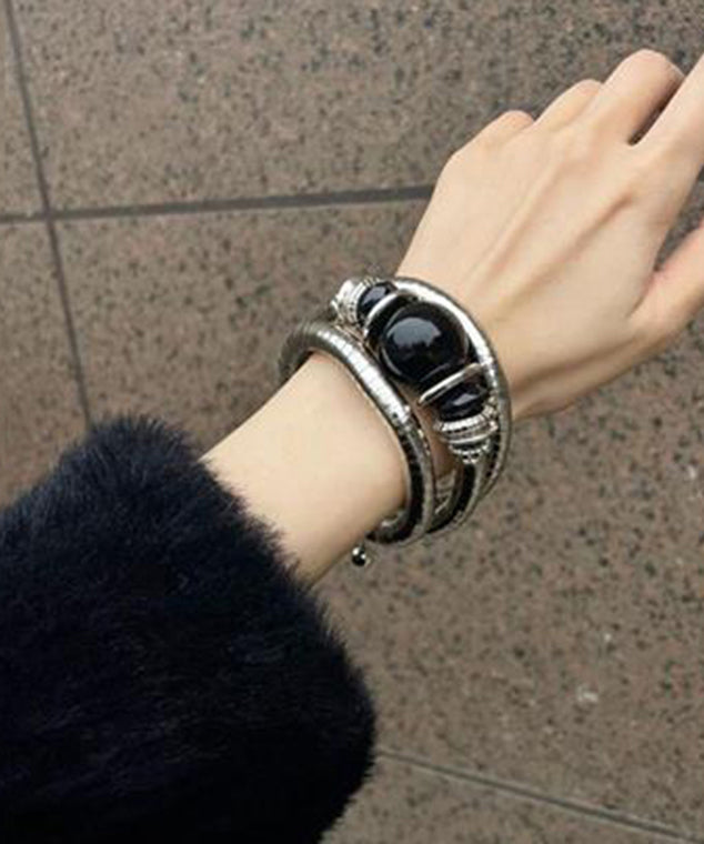 Elastic Alloy Black Bangle Vintage Agate