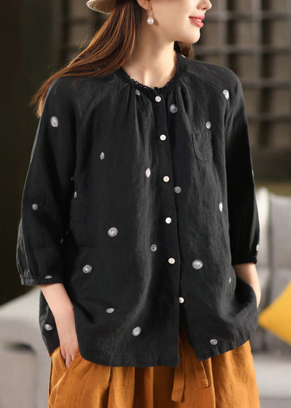 Top Button Embroidered Linen Vintage Summer Blouse Black