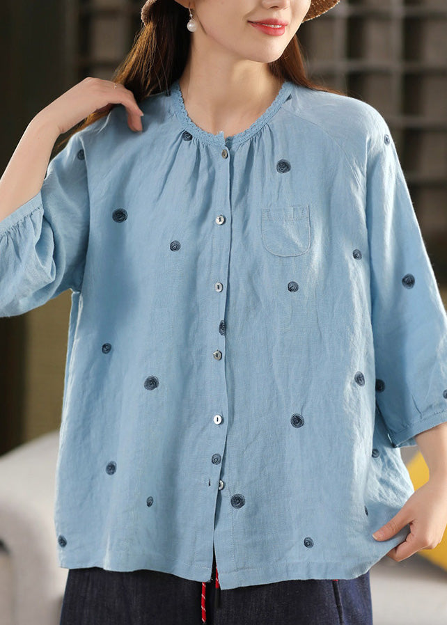 Top Button Embroidered Linen Vintage Summer Blouse Black