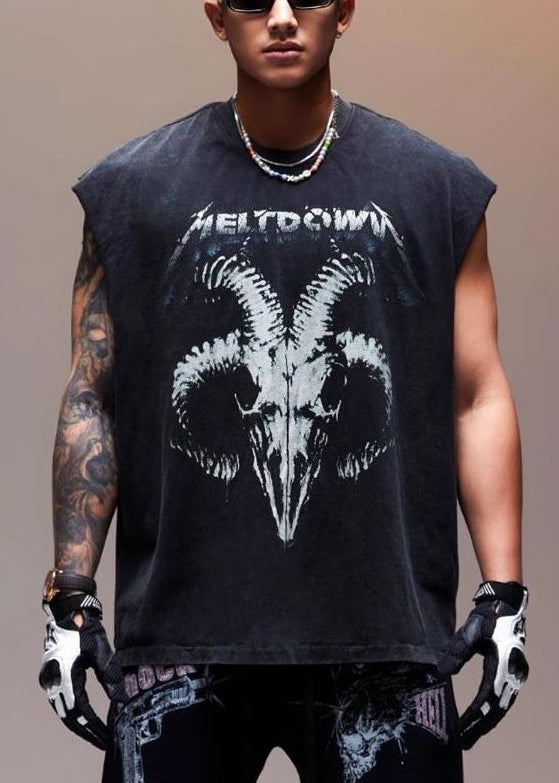 Sleeveless Men Vintage Cotton Print Letter Tank Black