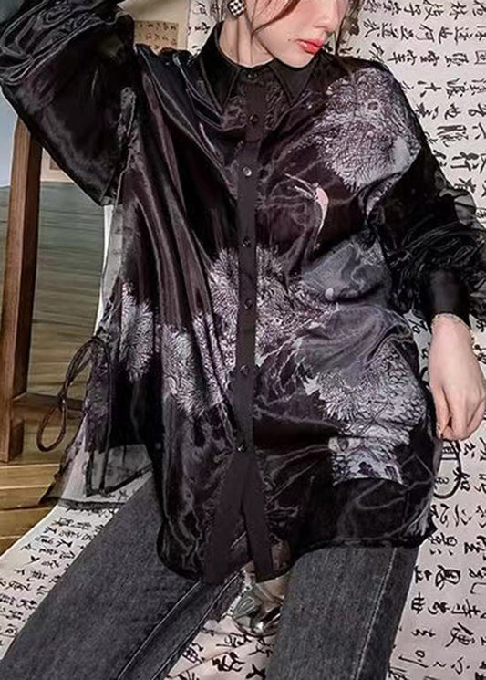 Vintage Schwarze Peter Pan Kragen Print Tüll Patchwork Seidenhemden Langarm BV062