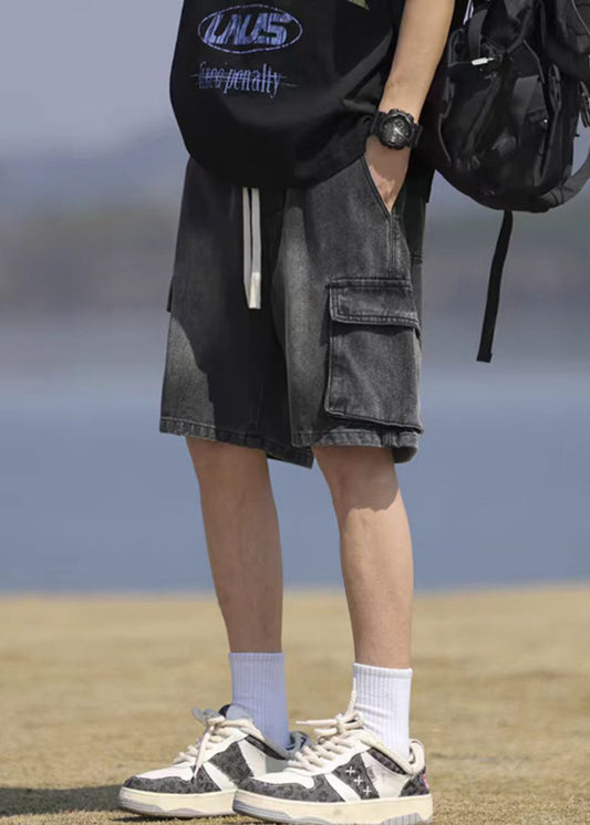 Vintage Black Pockets Lace Up Denim Mens Shorts Summer YL031