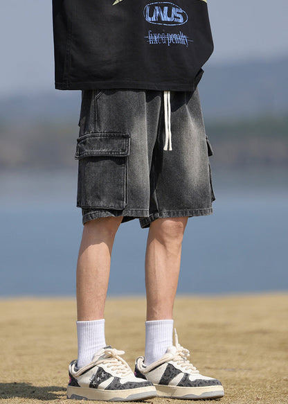 Vintage Black Pockets Lace Up Denim Mens Shorts Summer YL031