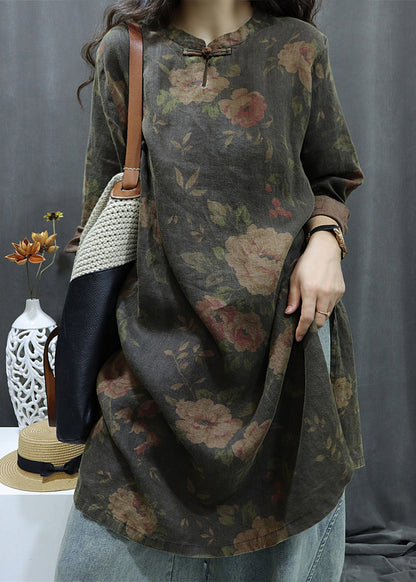 Shirts Sleeve Vintage Dress Bracelet Linen Button Black Print