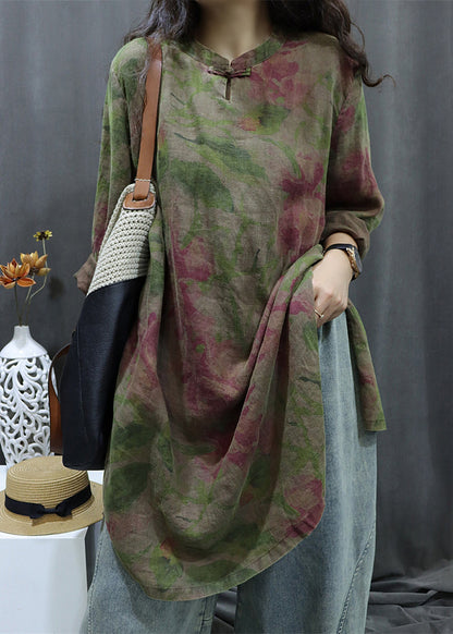 Linen Print Sleeve Button Black Dress Bracelet Shirts Vintage