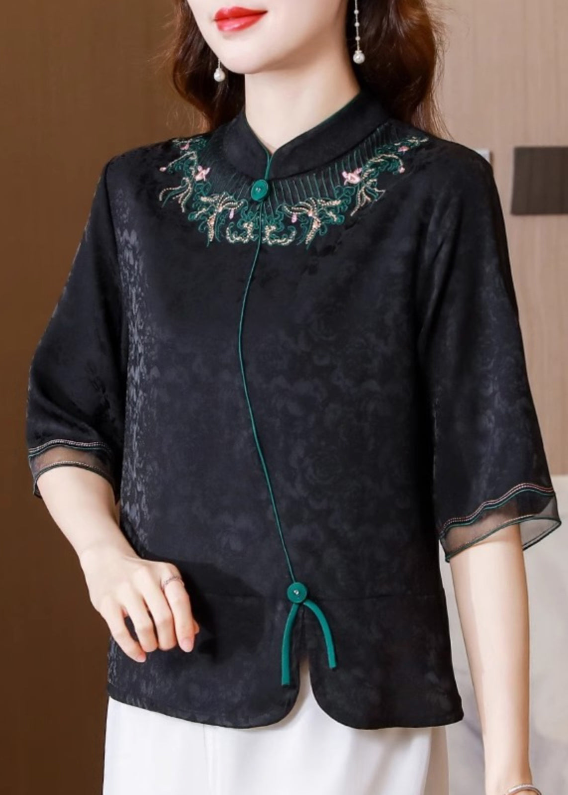 Vintage Black Stand Collar Embroidered Silk Blouse Top Summer BB008