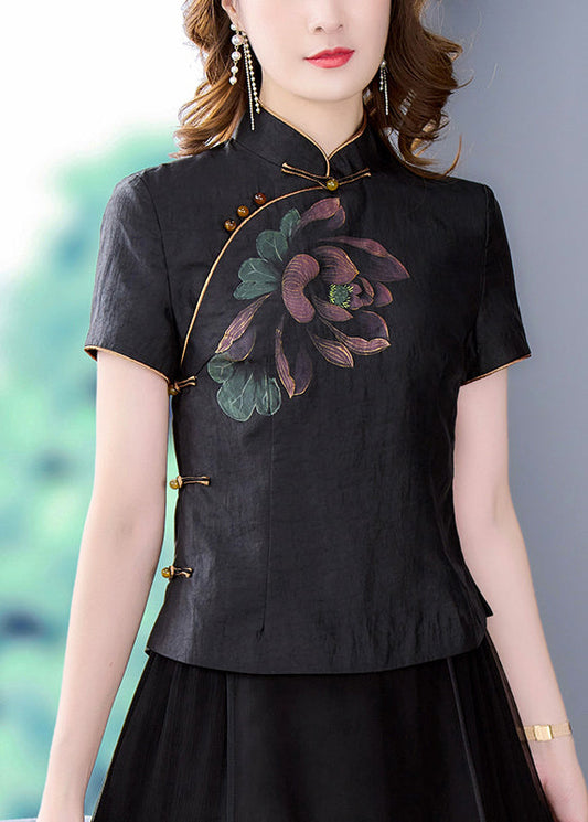 Vintage Black Stand Collar Print Chinese Button Silk Shirt Tops Summer BB024