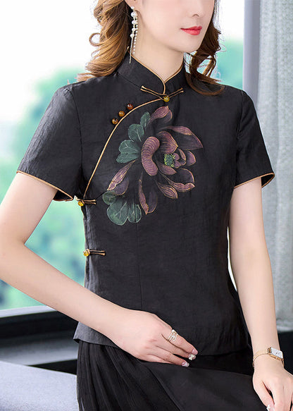 Vintage Black Stand Collar Print Chinese Button Silk Shirt Tops Summer BB024