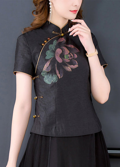 Vintage Black Stand Collar Print Chinese Button Silk Shirt Tops Summer BB024