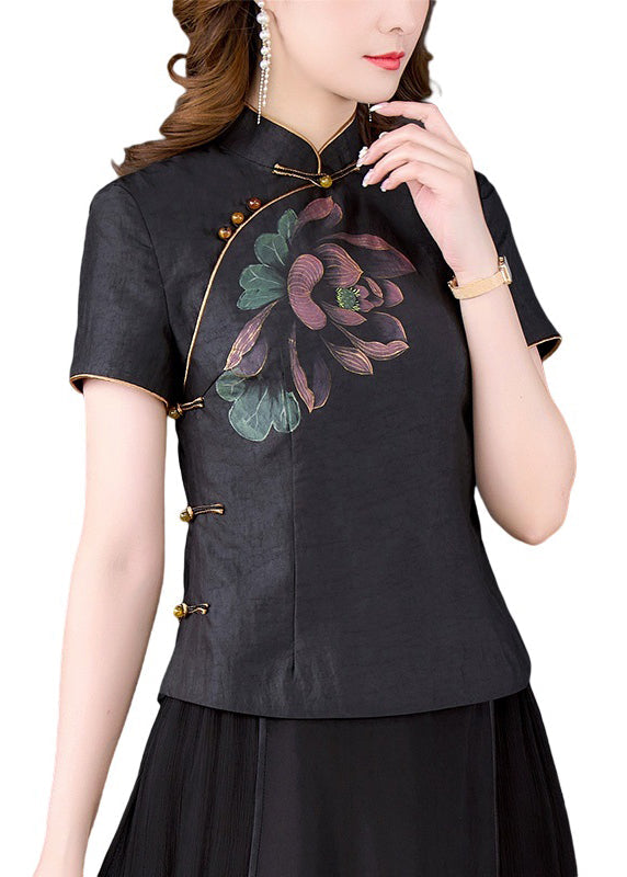 Vintage Black Stand Collar Print Chinese Button Silk Shirt Tops Summer BB024