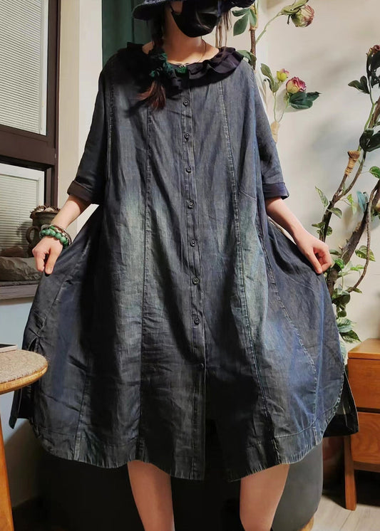 Vintage Blue Button Pockets Denim Shirts Dress Half Sleeve MN079