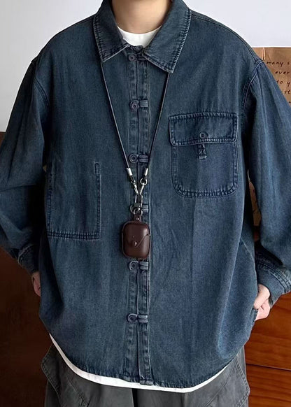 Vintage Oversized Spring Coat Pockets Button Blue Men Denim