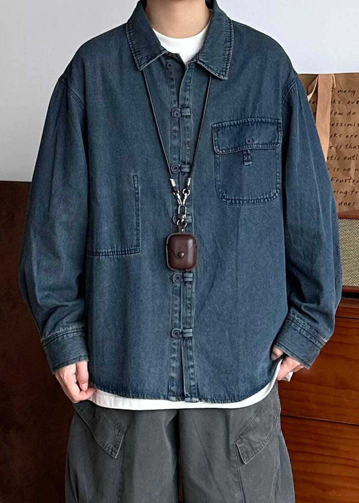 Vintage Oversized Spring Coat Pockets Button Blue Men Denim