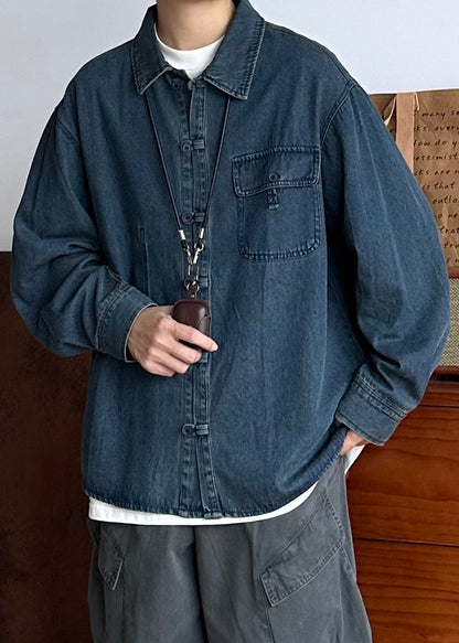 Vintage Oversized Spring Coat Pockets Button Blue Men Denim