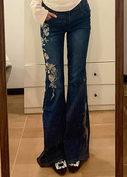 Embroidered Flared Vintage Trousers Denim Spring Blue Pockets