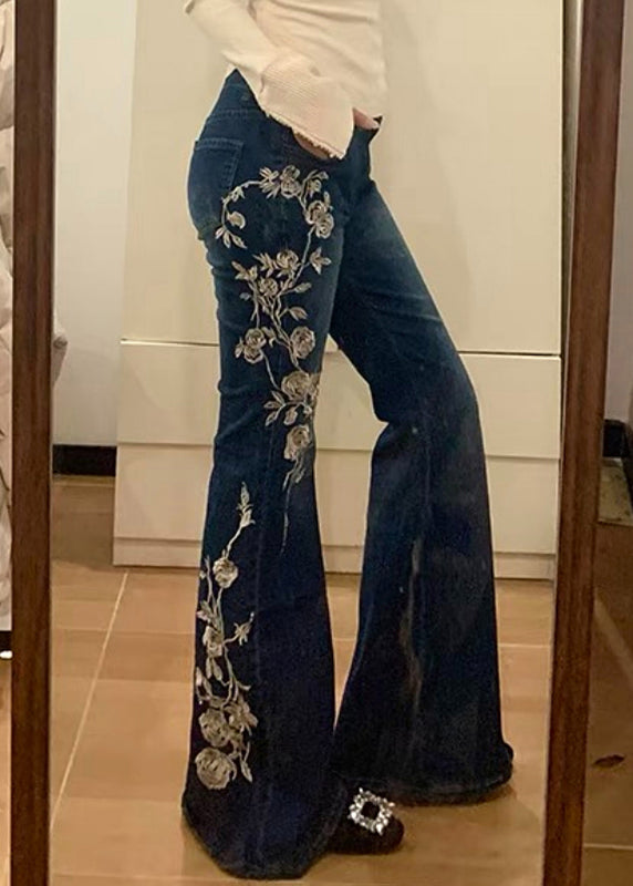 Embroidered Flared Vintage Trousers Denim Spring Blue Pockets