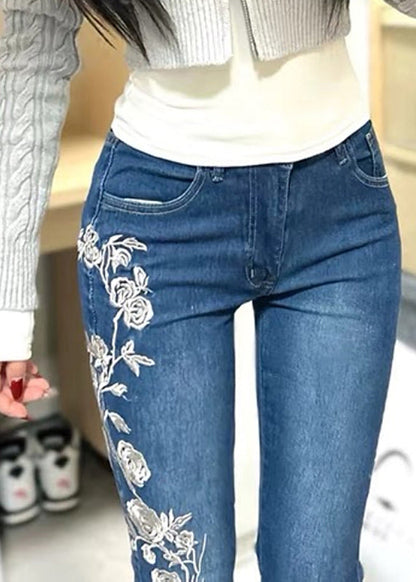 Embroidered Flared Vintage Trousers Denim Spring Blue Pockets