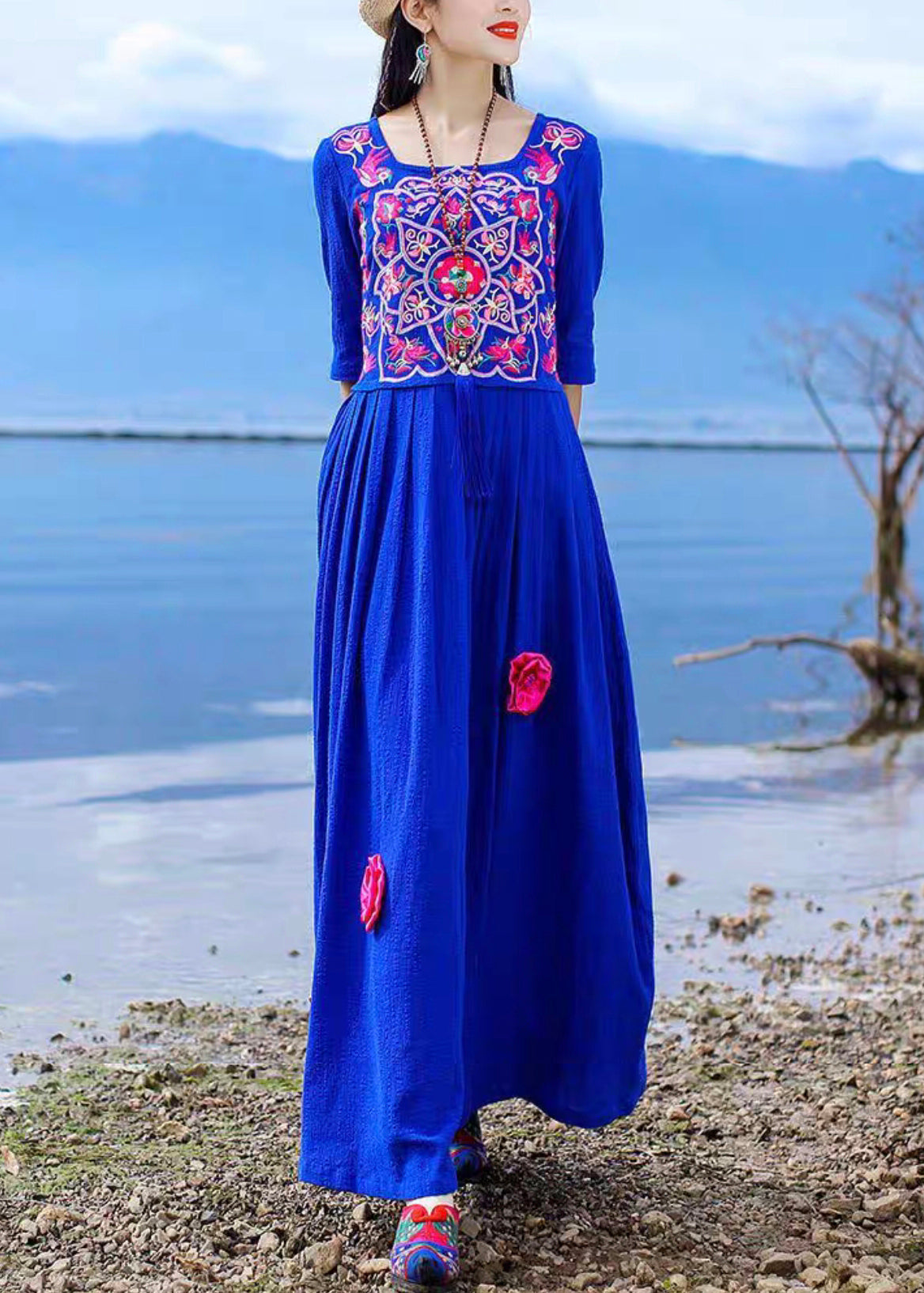 Vintage Blue Embroidered Tie Waist Cotton Long Dress Half Sleeve KK094