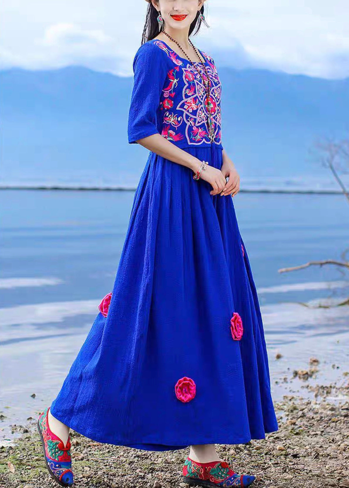 Vintage Blue Embroidered Tie Waist Cotton Long Dress Half Sleeve KK094