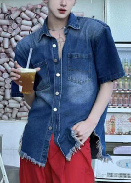 Vintage Button Denim Shirts Summer Men's Blue Hole