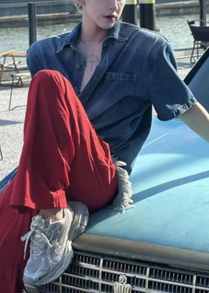 Vintage Button Denim Shirts Summer Men's Blue Hole