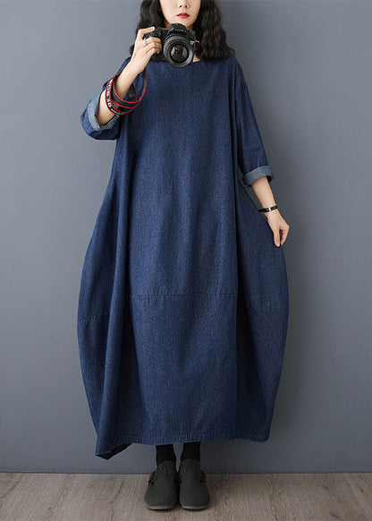 Blue Dress Maxi Vintage O-Neck Denim Sleeve Ruffled
