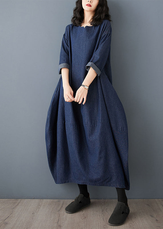 Blue Dress Maxi Vintage O-Neck Denim Sleeve Ruffled